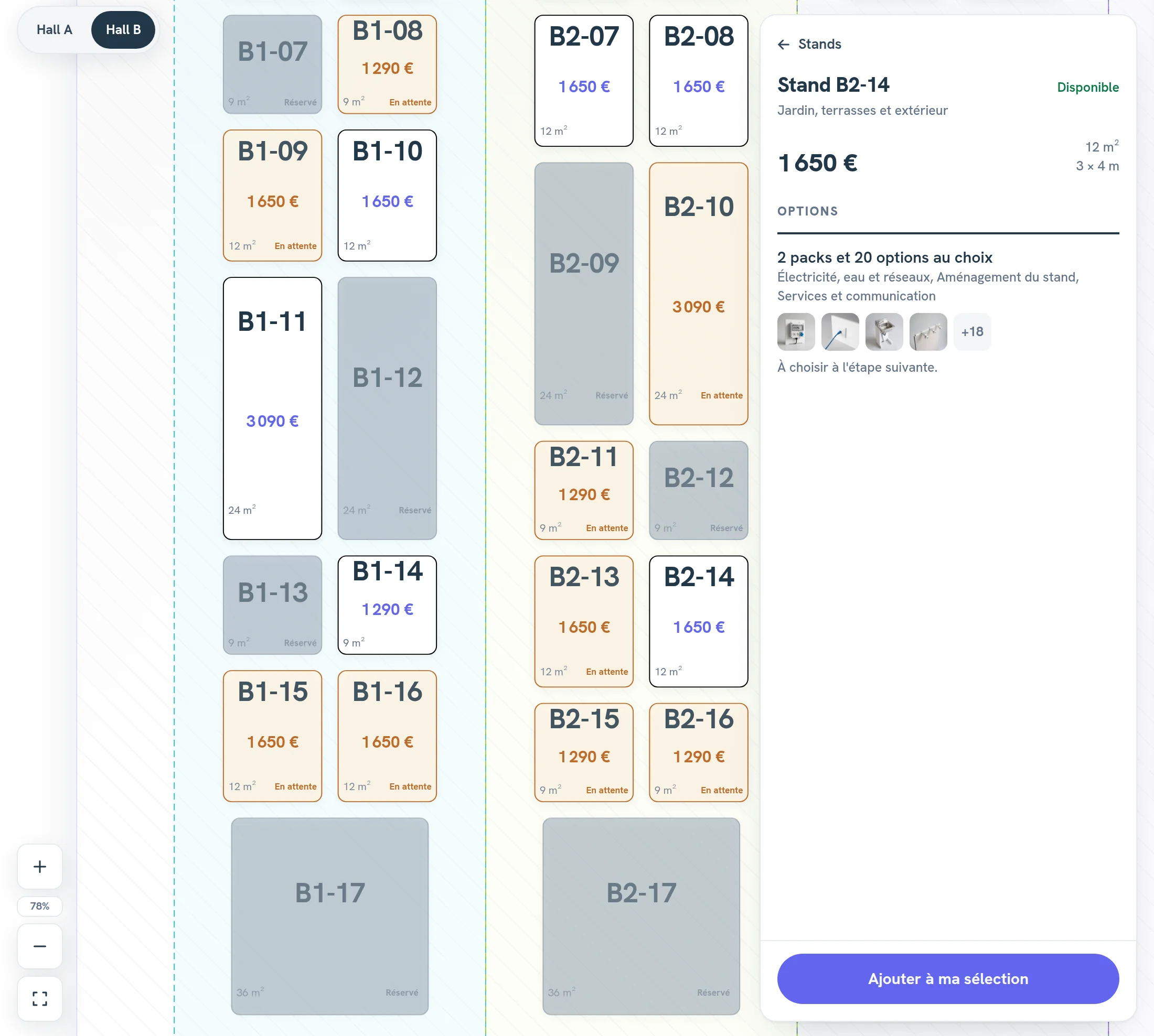 Hall B of a demo event’s floor plan on the exhibitor site, in French, with its Hall A and Hall B tabs, numbered booths with their size, the price on the free or pending booths, the booked ones in gray, and on the right the card of booth B2-14, available, €1,650, 12 m², 3 × 4 m, with 2 packs and 20 options to choose from, then the button to add it to the selection.